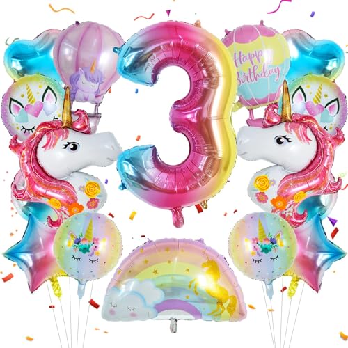 Einhorn Deko Kindergeburtstag 16 Stück Einhorn Luftballon Herzluftballons Geburtstagsdeko 3 Jahre Mädchen Regenbogen Luftballons Folienballon Stern für Einhorn Party，Geburtstagsfeier，Babypartys von IHLOOTD