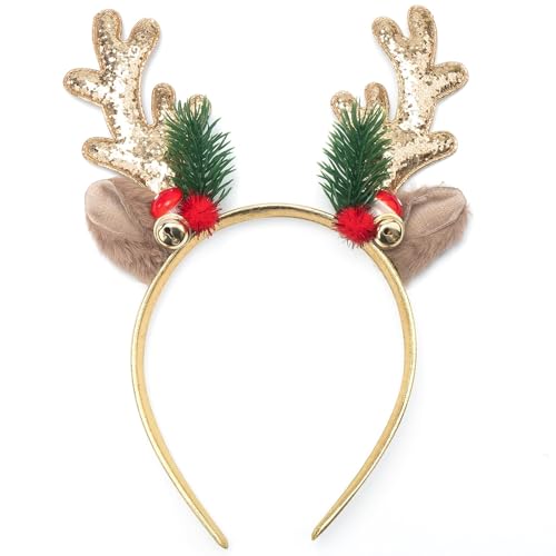 IHLOOTD Haarreif Weihnachten, Rentier Haarreif Glitzer Weihnachts Haarschmuck Christmas Kopfschmuck für Damen Mädchen, Weihnachtsfeier, Cosplay, Masquerade (Gold) von IHLOOTD