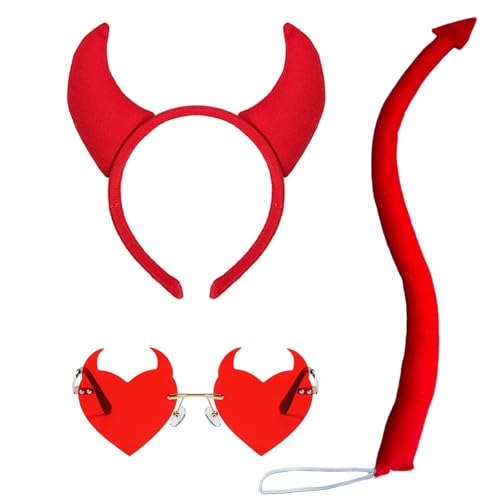 Halloween Kostüm Zubehör 3 Stück Halloween Accessoires Damen mit Halloween Teufelshörner Haarreif Teufel Schwanz Rot Herz Sonnenbrille für Cosplay, Masquerade, Karneval (B) von IHLOOTD