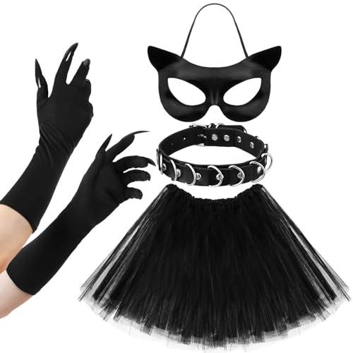 IHLOOTD Halloween Accessoires Damen 5 Stück Halloween Kostüm Zubehör mit Masken Choker Schwarz Lang Handschuhe Rock für Cosplay, Masquerade, Thema Party von IHLOOTD