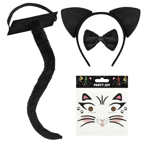 IHLOOTD Kätzchen Kostüm Set, Tier Katze ohren Stirnband Fliege mit Temporäre Tattoos, Schwarze Kätzchen Ohren Kostüm Zubehör Set für Halloween Cosplay Partys, Karneval Party, für Kinder Erwachsene von IHLOOTD