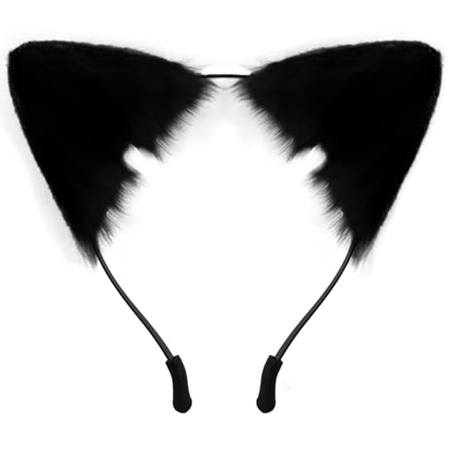 Katzenohren Haarreif Plüsch Cat Ears Headband Cute Fuchs Ohren Tiere Haarreifen für Mädchen Damen, Halloween, Cosplay, Masquerade (Schwarz) von IHLOOTD