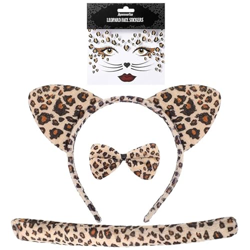 IHLOOTD Leopard Kostüm Set, Tier Leopard Ohren Stirnband Fliege mit Temporäre Tattoos,Leopard Ohren Kostüm Zubehör Set für Halloween Cosplay Partys, Karneval Party, für Kinder Erwachsene (A) von IHLOOTD