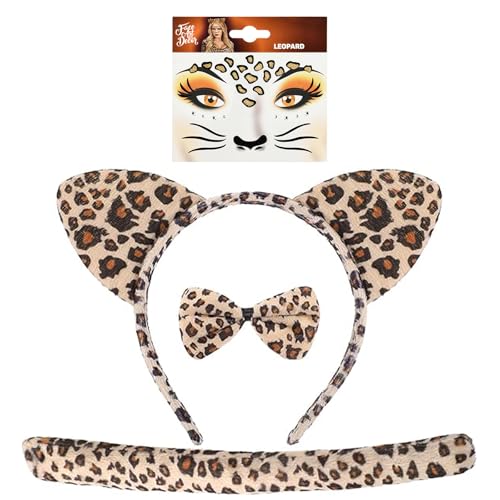 IHLOOTD Leopard Kostüm Set, Tier Leopard Ohren Stirnband Fliege mit Temporäre Tattoos,Leopard Ohren Kostüm Zubehör Set für Halloween Cosplay Partys, Karneval Party, für Kinder Erwachsene (B) von IHLOOTD