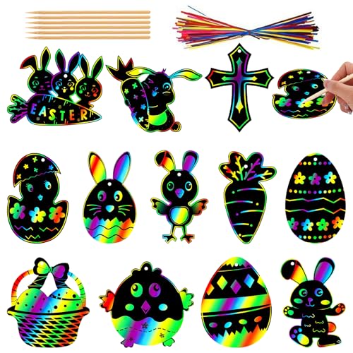 Kratzbilder für Kinder Ostern 36 Stück Scratch Art Papier Rainbow Scratch Art Ostereier Hasen Form Ostern Deko Bastelset für DIY, Osterparty Dekorationen von IHLOOTD