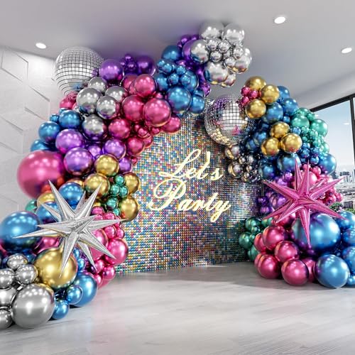 Luftballons Metallic Bunt 135 Stück Bunte Ballons Luftballon Girlande Grün Blau Rosa Silber Gold Lila mit Discokugel Ballon Explosion Stern Balloon für Geburtstagsdek, Partydeko, Disko Thema Party von IHLOOTD