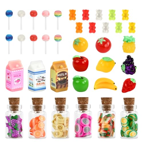 Mini Essen 38 Stück Miniatur Lebensmittel Mini Food Miniatur Lutscher/Obst/Obstscheiben/Gummibonbons/Milch Wichtel Zubehör Puppenstubenzubehör von IHLOOTD