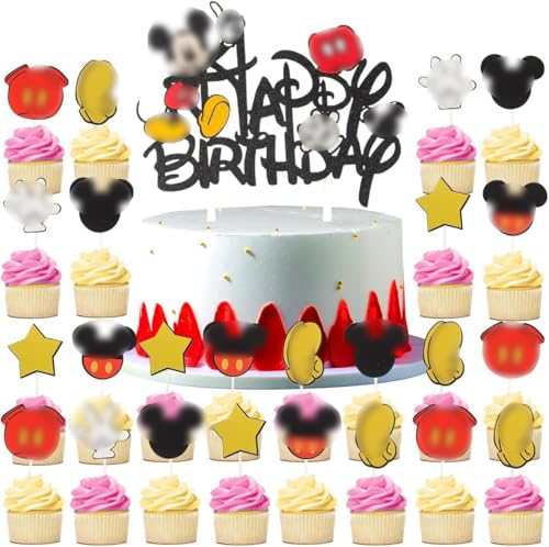 Tortendeko 25 Stück Glitter Happy Birthday Kuchendeko Cake Topper Cartoon Muffin Deko für Kindergeburtstag, Themenparty, Jubiläum (Schwarz) von IHLOOTD