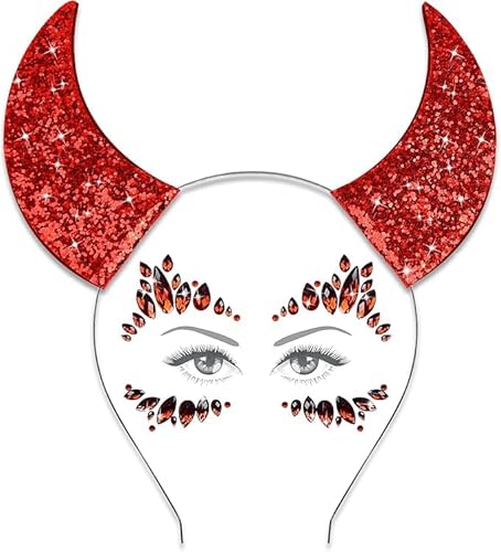 Teufelshörner Haarreif Rot mit Glitzersteine Gesicht, Teufel Ohren Haarband,Halloween Haarschmuck Kopfschmuck,Teufelsohren Devil Ears für Karneval Halloween Party Teufel Kostüm Accessoires (A) von IHLOOTD