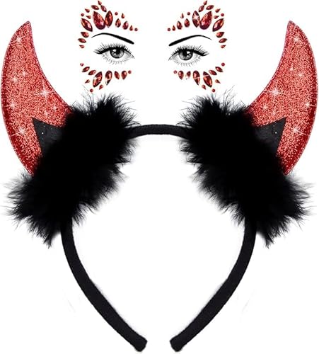 Teufelshörner Haarreif Rot mit Glitzersteine Gesicht, Teufel Ohren Haarband,Halloween Haarschmuck Kopfschmuck,Teufelsohren Devil Ears für Karneval Halloween Party Teufel Kostüm Accessoires (C) von IHLOOTD