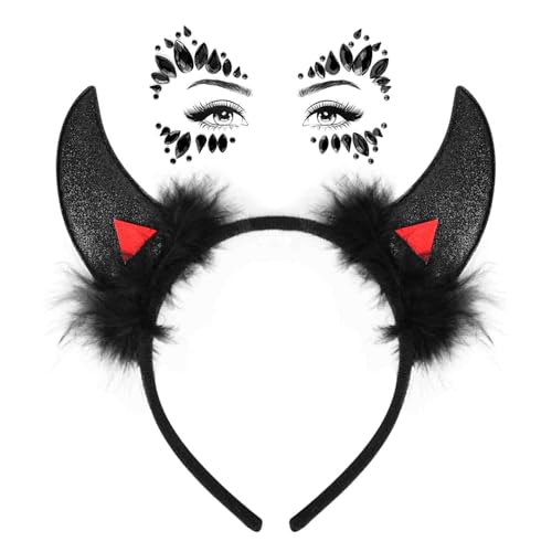 Teufelshörner Haarreif Rot mit Glitzersteine Gesicht, Teufel Ohren Haarband,Halloween Haarschmuck Kopfschmuck,Teufelsohren Devil Ears für Karneval Halloween Party Teufel Kostüm Accessoires (D) von IHLOOTD