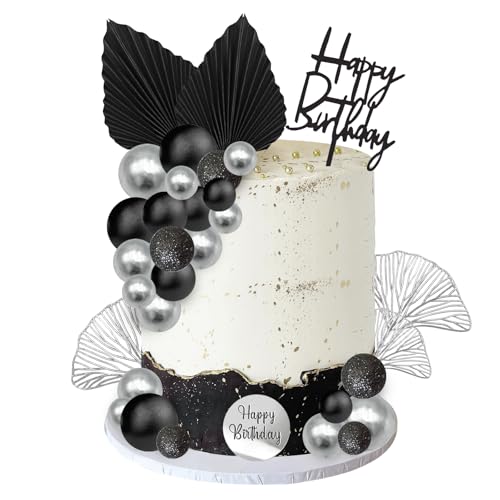 Tortendeko Kugeln 30 Stück Torten Deko Kugeln Schwarz Silber Kuchen Deko Silber Kuchendeko Happy Birthday Cake Topper Schwarz für Geburtstags, Hochzeit, Jubiläum von IHLOOTD