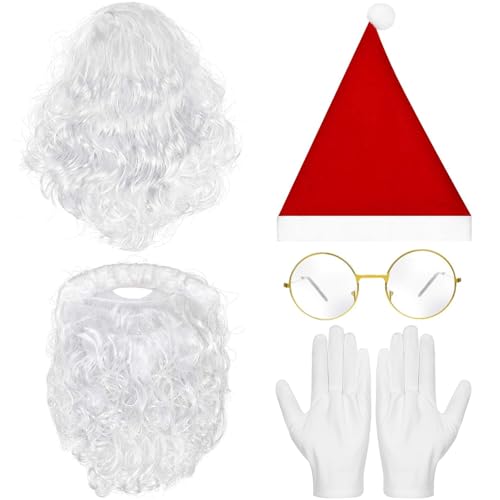 IHLOOTD Weihnachtsmann Bart und Perücke Mütze Brille Handschuhe 5 Stück Santa Claus Zubehör Nikolaus Bart und Perücke Weihnachtsmannbart für Weihnachten, Kostümfeste, Cosplay von IHLOOTD