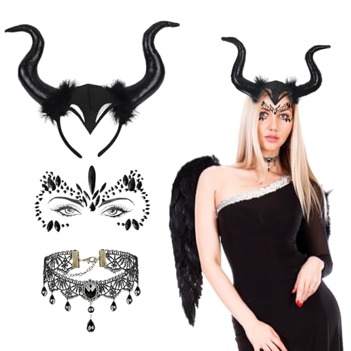 IHONYI Halloween Kostüm - Halloween Kostüm Damen Zubehör Teufelshörner + Gothic Spitze Halskette + Gesicht Glitzersteine,Perfekt Für Eine Halloween-Kostümparty von IHONYI