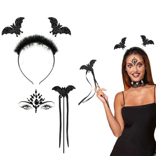 IHONYI Halloween Fledermaus Haarreif, Halloween Haarreifen Accessoires für Damen Herren Kinder, Halloween Fledermaus Kostüm mit Gesicht Glitzersteine, Zauberstab, Fasching & Karneval Party von IHONYI