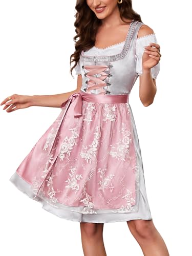 IIBOOYYE Damen Elegante Deutsche Oktoberfest Kostüme 3 Teilig Dirndl Kleider für Bayerischen Karneval, Pink, L von IIBOOYYE