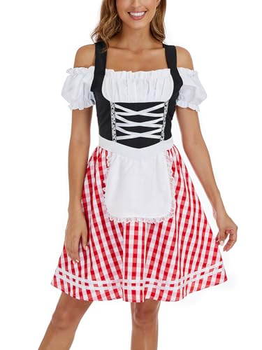 IIBOOYYE Deutsche Oktoberfest Kostüme Dirndl Kleider Plaid Bayerisches Kleid für Halloween Karneval Burgund XXL von IIBOOYYE