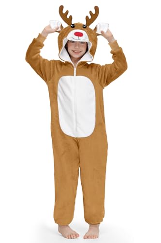 IIMMER Uni-Kostüm für kleine Kinder, weich, einteilig, braunes Rentier-Kostüm, Winter, Weihnachten, Tier, Cosplay, mit Kapuze, niedlicher Fleece-Einteiler, 7–8 Jahre von IIMMER