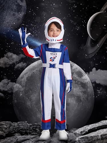 IKALI Astronaut Kostüm Kinder Raum Astronauten Outfit zum Mädchen Jungen Pilot Jumpsuit mit Hut, Handschuh, Helm 7-8 Jahre von IKALI