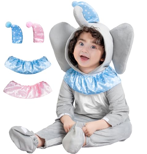 IKALI Baby Elefantenkostüm, Baby Jungen Mädchen Tier 4-teiliges Elefant Overall mit Kapuze für Halloween Karneval 12-18 Monate von IKALI