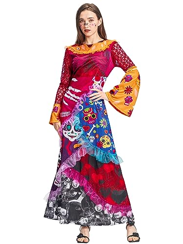 IKALI Damen Halloween Kostüm Tag der Toten, Dia de los Muertos Kleid, Kostüm Braut la Catrina, Skelett Kostüm für Frauen L von IKALI