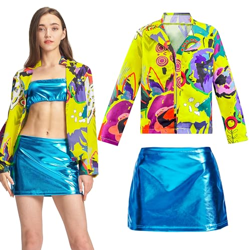 IKALI Damen Madonna Rollenspiel Kostüm Festival Party Outfit Jacke mit PU Rock & Bralette 3 Stück M von IKALI