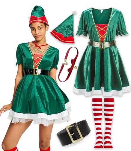 IKALI Damen Weihnachtskostüm Santa Elfen Kleid Rollenspiel Party Geschenk Erwachsene Kostüm Outfit mit Hut Gürtel Socke Halskette M von IKALI