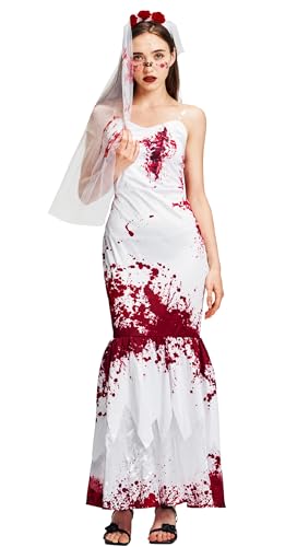 IKALI Damen Zombie Braut Kostüm, blutige Braut Hochzeit Weiß Fancy Dress Horror Blut gedruckt Kostüm mit Mesh Stirnband L von IKALI