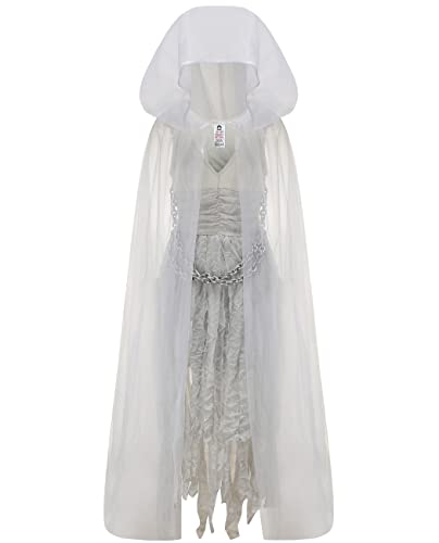 IKALI Damen Zombie Geisterbraut Kostüm, Halloween Lady Friedhof Kostüm Hexe Weißes Kleid Anbringen Langer Umhang mit Kapuze, Plastikkette XL IKALI Damen Zombie Geisterbraut Kostüm, Halloween Lady Friedhof Kostüm Hexe Weißes Kleid Anbringen Langer Umhang mit Kapuze, Plastikkette XL von IKALI