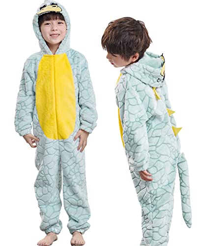 IKALI Dino Kostüm für Kinder, Dinosaurier Onesie Jungen Mädchen Dragon Hoodie Jumpsuit Karneval Fasching Grün Outfit 8-10 Jahre von IKALI