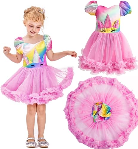 IKALI Einhorn Kleid für Mädchen Regenbogen Kinder Halloween Kostüm Tutu Rock Pink Fancy Outfit von IKALI