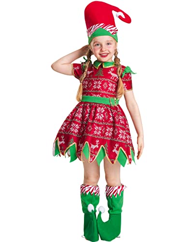 IKALI Elf Kostüm Kinder Weihnachtsfrau Elfen Kostüm Mädchen Weihnachten Elfe Kleid for Weihnachten Karneval Party mit Hut Schuhe 3-4 Jahre von IKALI