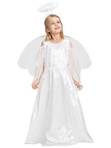 IKALI Engel Kostüm Kinder Weihnachten Krippe Fancy Dress Outfit Mädchen Rollenspiel Weiß Engel Kleid für Weihnachten Karneval Party mit Flügel 7-8 Jahre von IKALI