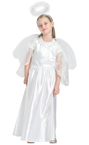 IKALI Engel Kostüm Kinder Weihnachten Krippe Fancy Dress Outfit Mädchen Rollenspiel Weiß Engel Kleid für Weihnachten Karneval Party mit Flügel 7-8 Jahre von IKALI