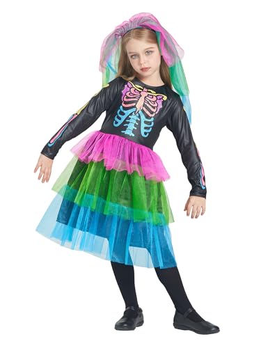 IKALI Skelett Kostüm Mädchen, Farbe Knochen Kostüm Skelett Kleid Halloween Schädel Kostüm Neon Funky Outfit 2 Stück 4-6Jahre von IKALI