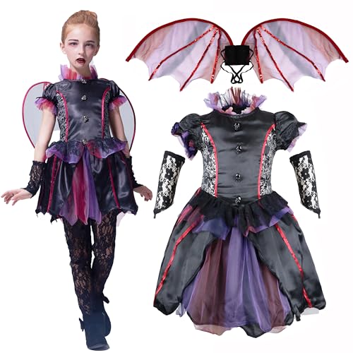 IKALI Fledermaus Kostüm Kinder, Halloween Mädchen Vampir Kostüm Gothic Evil Gräfin Kleid Deluxe Outfits mit Fledermausflügel 3-4 Jahre von IKALI