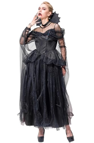 IKALI Damen Hexe Schwarzes Kostüm Halloween Magic Tutu Kleid Erwachsenes viktorianisches Kostümkleid mit Umhang XL von IKALI