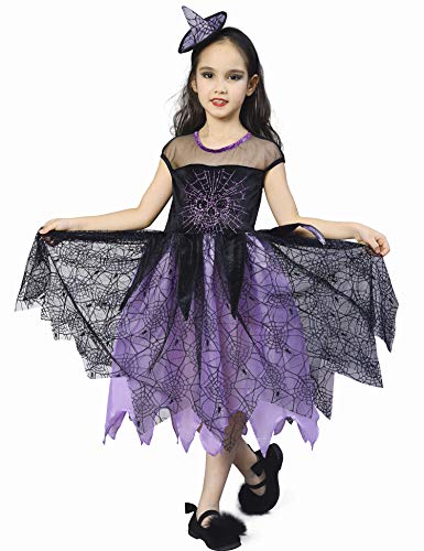 IKALI Hexe Kostüm für Kinder Mädchen, Spider Skelett Halloween Karneval Party Kleid 4-6 Jahre von IKALI