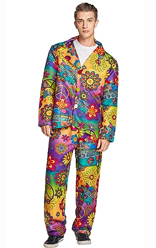 IKALI Hippie Kostüm Herren 60er 70er Hippie Halloween Anzug Erwachsene Oberteil und Hose für Fancy Dress Party M von IKALI