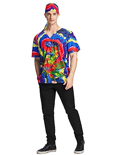 IKALI Hippie Kostüm für Männer 60er 70er Shirt Hippy Top mit Stirnband Groovy Hippie Thema Fancy Dress Party XXL von IKALI