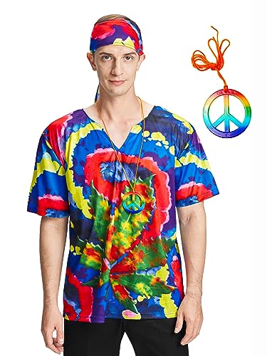 IKALI Hippie Kostüm für Männer 60er 70er Shirt Hippy Top mit Stirnband Groovy Hippie Thema Fancy Dress Party XXL von IKALI