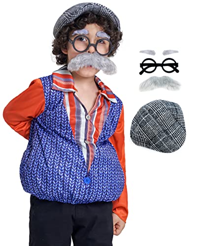 IKALI Jungen 100 Jahre alte Kostüm Kinder Opa Outfit Alter Mann Phantasie Top für den 100. Schultag mit Cap Gläsern Bart Augenbrauenanzug 4pcs 4-6 Jahre von IKALI