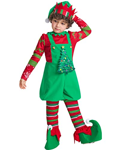 IKALI Jungen Elf Kostüme, Kinder Elfe Kostüm Weihnachtsfrau Elfe Onesie mit Hut, Schuhe, Weihnachtsbaum für Weihnachten 4-6 Jahre von IKALI