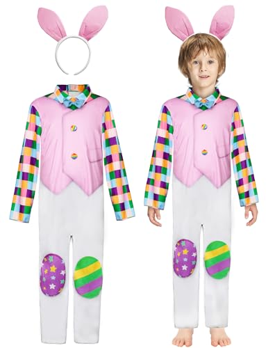 IKALI Kinder Osterhase Kostüm, Kaninchen Fancy Dress Outfit Tier Overall Onesie mit Stirnband für Jungen Mädchen Karneval Ostern Party 3-4 Jahre von IKALI