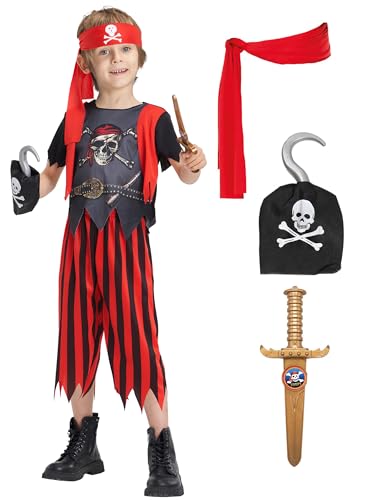 IKALI Jungen Piratenkostüm, Kinder Piraten Rollenspiel Outfit, Karneval 5er Komplettset mit Augenklappe, Kopfband, Säbel, Haken 3-4 Jahre von IKALI