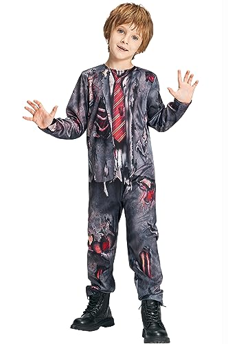 IKALI Schüler Zombie Kostüm für Kinder, Jungen Mädchen Student Blutige Leiche Jumpsuit Halloween Fancy Dress Up Outfit 4-6Jahre von IKALI