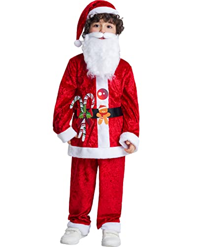 IKALI Jungen Weihnachtsmann Kostüm Weihnachtsmann Outfit Kinder Fancy Party Geschenk mit Hut Weißbart 4-Stücke 3-4 Jahre von IKALI