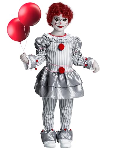 IKALI Kinder Clown Kostüm Halloween Unheimlich Fancy Dress Up Outfit Jungs Mädchen Klassisch Grau Skiller Clown Maskerade Overall 3-4 Jahre von IKALI