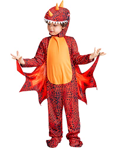 IKALI Kinder Dinosaurier Jumpsuit Kostüm Halloween Kostüm Unisex Jungen Mädchen Rot Dino Outfit mit Flügel 4pcs von IKALI