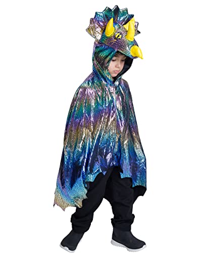 IKALI Kinder Dinosaurier Kapuzen Robe Umhang Halloween Mädchen Jungen Kostüm Glänzender 3D Drache Rollenspiel Umhang Zauberer Kostüm Outfit mit Hut 110-120 von IKALI